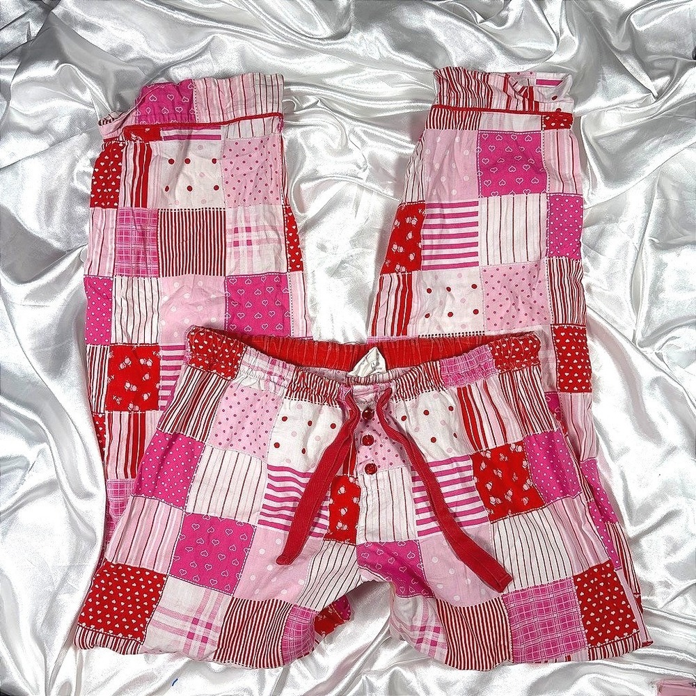 y2k patchwork Pajama Pants Pink Heart Print Cotton Lounge Bottoms